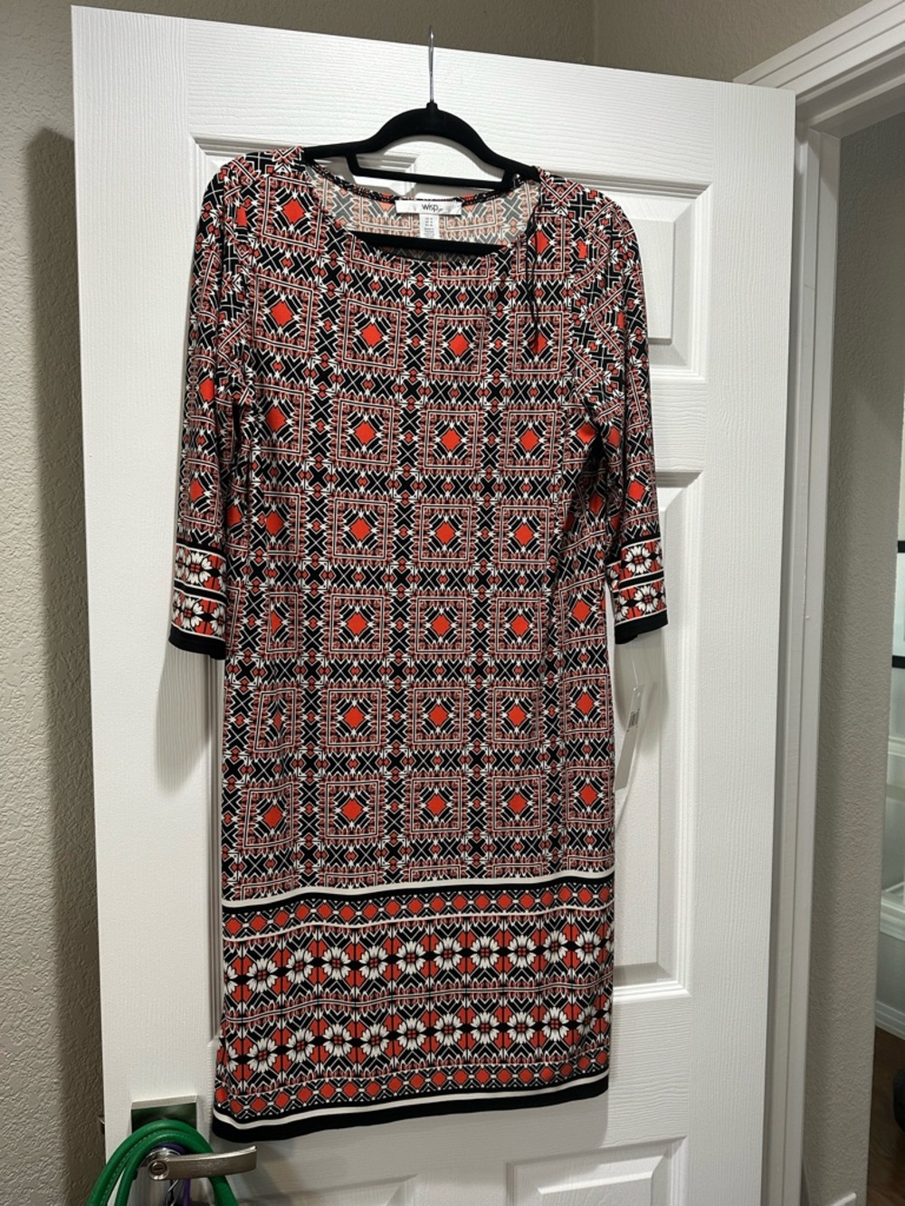 Printed Geometric Midi Dress in Black and Red